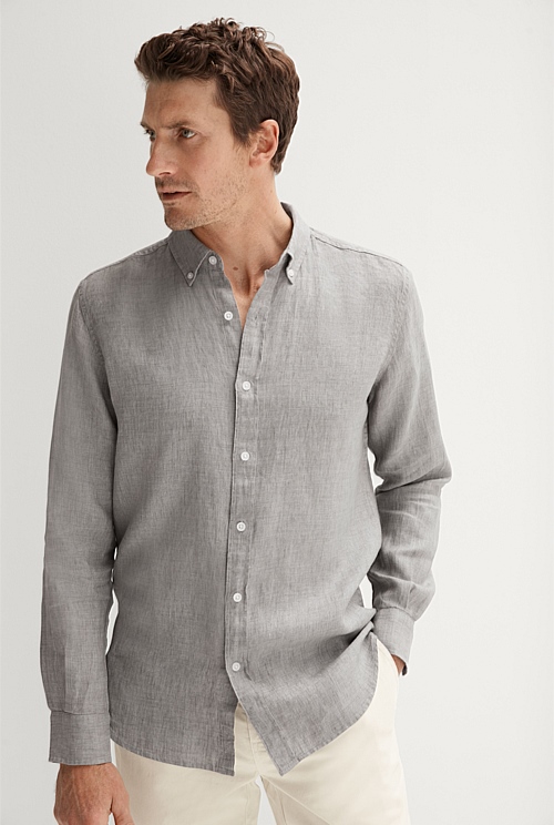 Oyster Grey Tailored Fit Delave Linen Long Sleeve Shirt Men Shirts