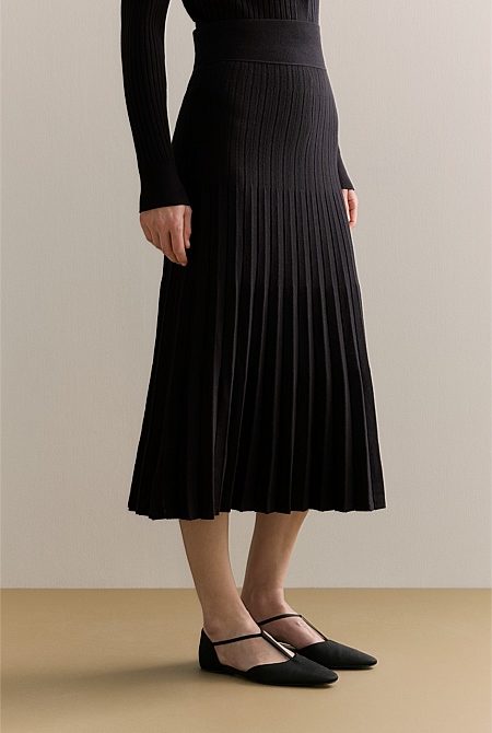 Cotton Cashmere Knit Pleated Midi Skirt