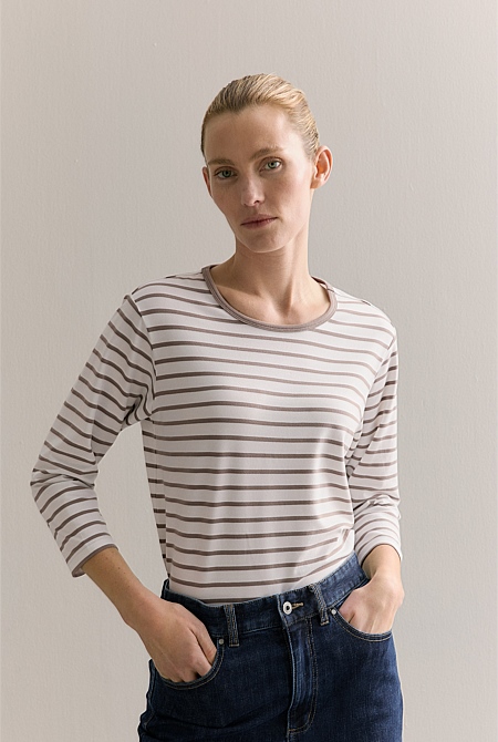 Organically Grown Cotton Stripe 3/4 Sleeve T-shirt