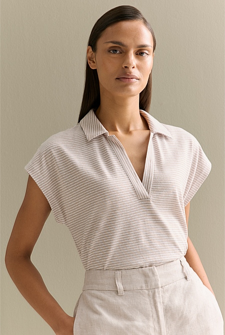 Linen Cotton Stripe Relaxed Cap Sleeve Polo