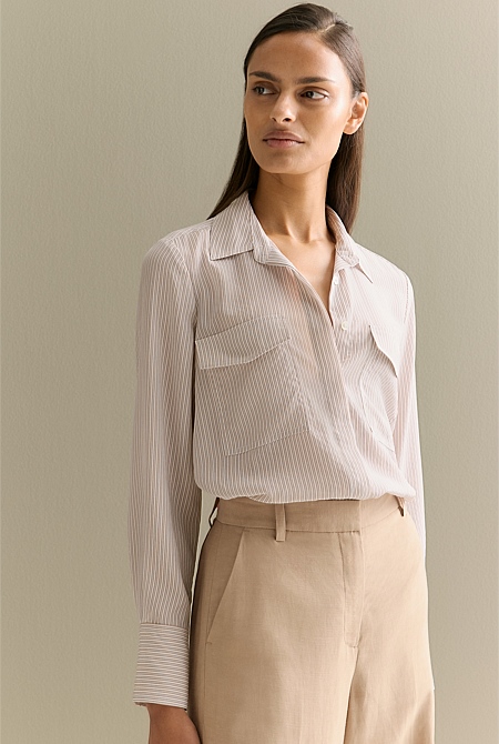 Silk Fine Stripe Pocket Detail Shirt