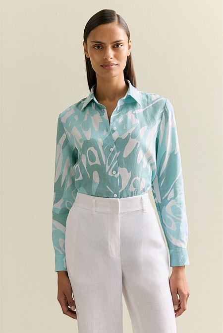 Linen Butterfly Print Long Sleeve Shirt