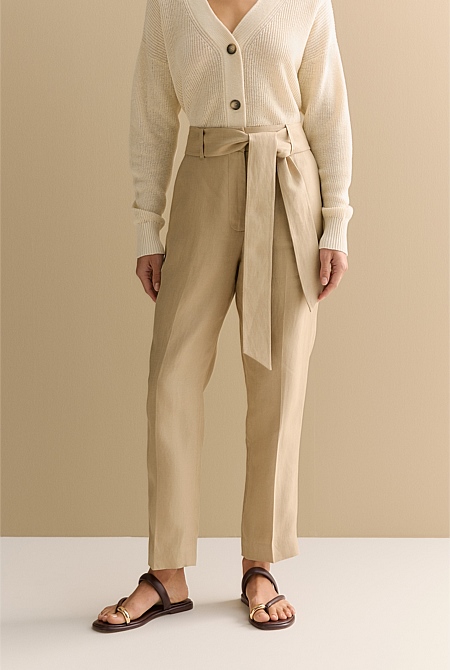 Linen Twill Belted Straight Leg Pant