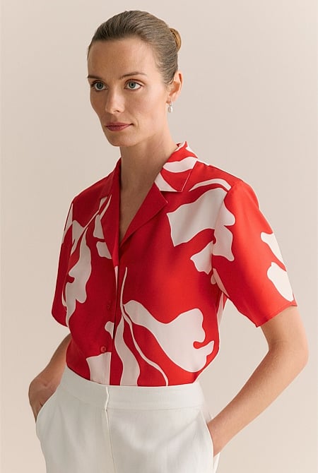 Stencil Palm Silk Twill Short Sleeve Shirt