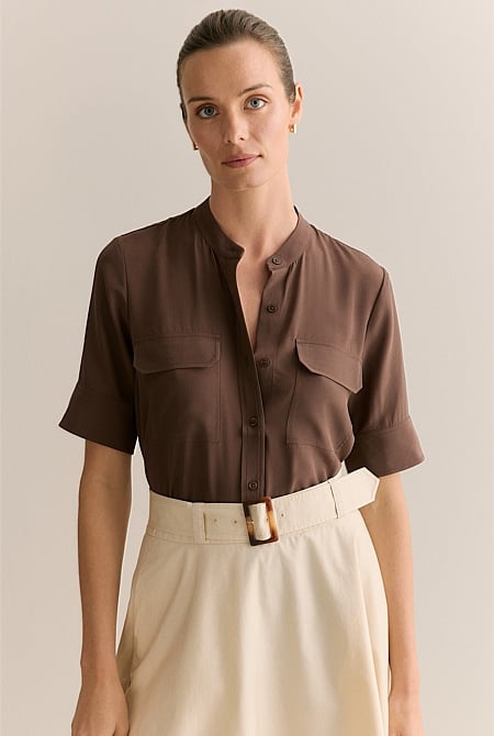 Silk Collarless Pocket Detail Shirt