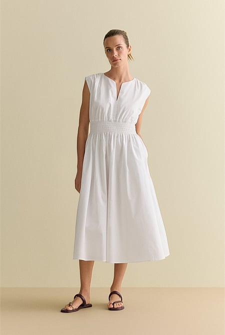 Cotton Sateen Shirred Waist Dress