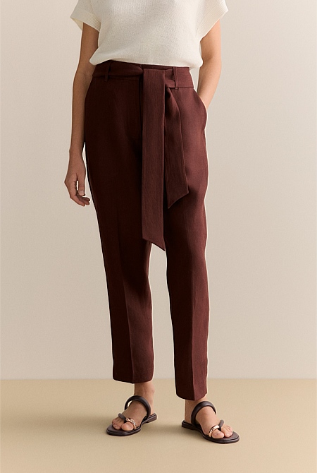 Linen Twill Belted Straight Leg Pant