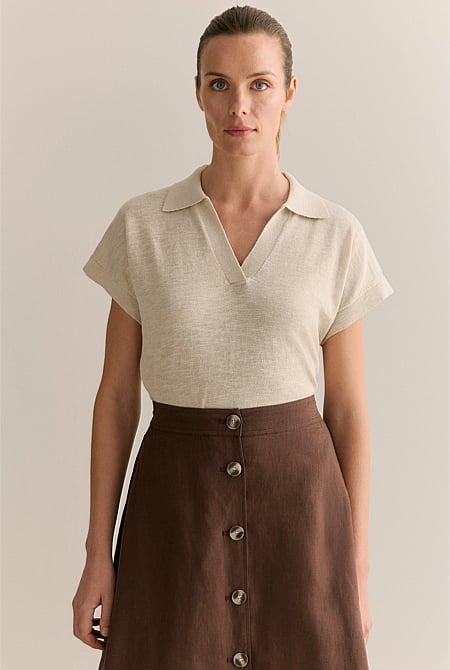 Linen Cotton Knit Relaxed Polo Top