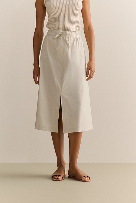 Cotton Poplin Split Front Pull On Skirt