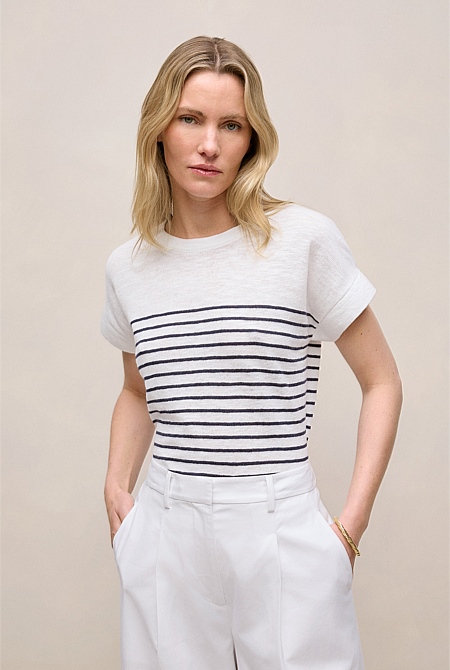 Linen Cotton Stripe Relaxed Crew T-shirt