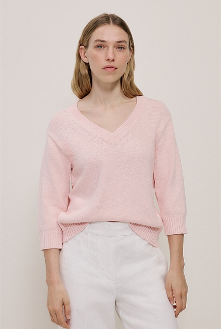 Cotton Linen Textured V Neck Knit
