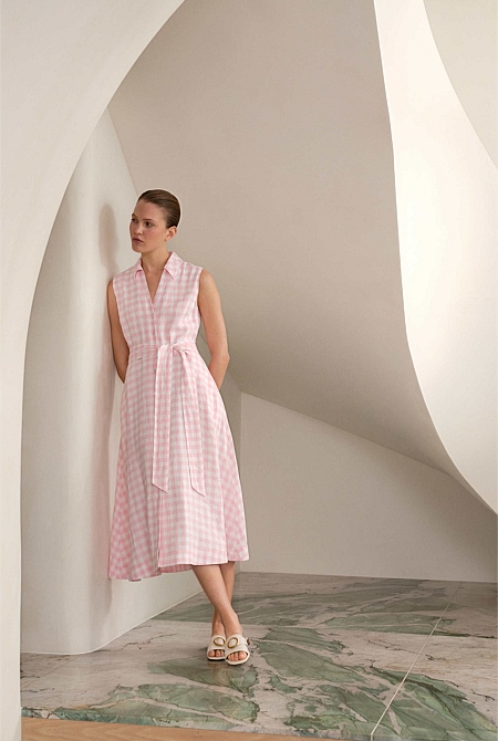 Gingham Linen Sleeveless Shirt Dress Gingham Linen Sleeveless Shirt Dress
