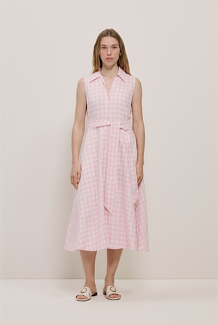 Gingham Linen Sleeveless Shirt Dress Gingham Linen Sleeveless Shirt Dress