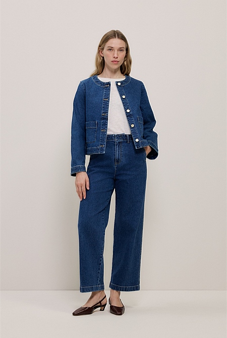 Collarless Cropped Denim Jacket Collarless Cropped Denim Jacket