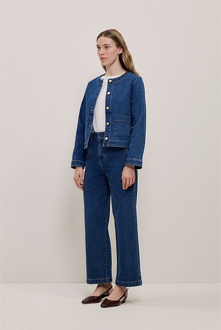 Collarless Cropped Denim Jacket Collarless Cropped Denim Jacket