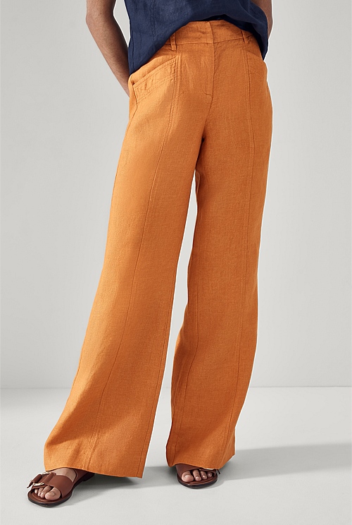 Golden Honey Linen Yarn Dyed Seam Front Pant - WOMEN Pants | Trenery