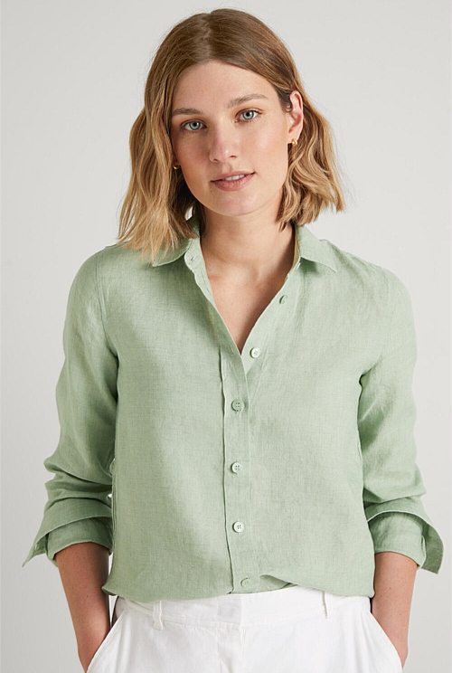 Pale Green Linen Delave Classic Shirt - WOMEN Shirts | Trenery