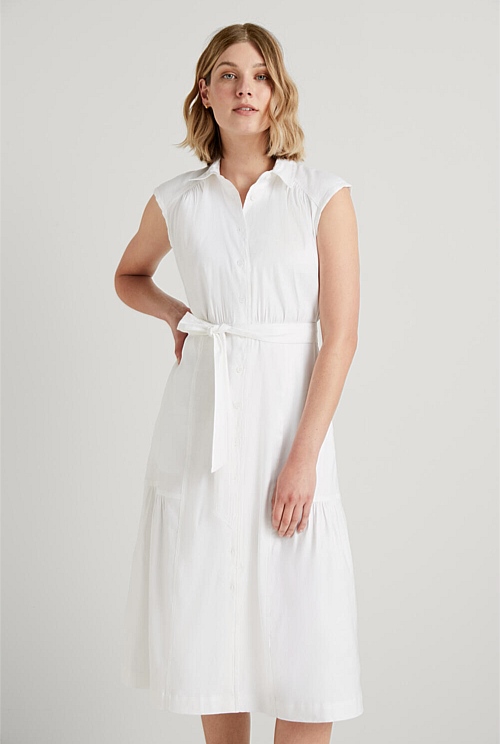 White Stretch Linen Blend Shirt Dress WOMEN Dresses Trenery