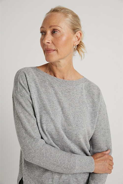 Mid Grey Marle Merino Boat Neck Pullover - WOMEN Knitwear | Trenery