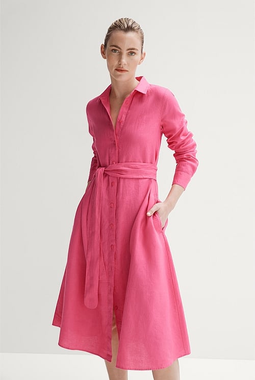 Fuchsia Linen Tie Detail Shirt Dress WOMEN Dresses Trenery