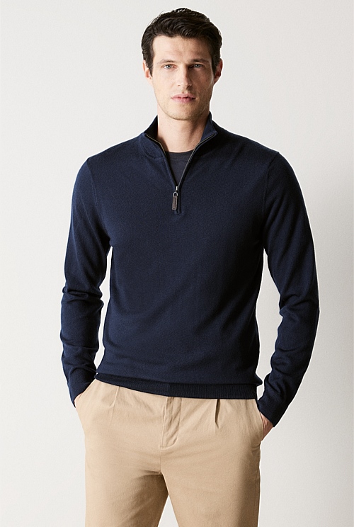 Navy Merino Half Zip Knit - MEN Knitwear | Trenery