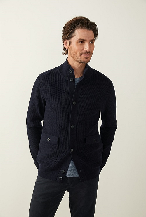 Navy Melange Textured Merino Cotton Knit Jacket MEN Knitwear Trenery