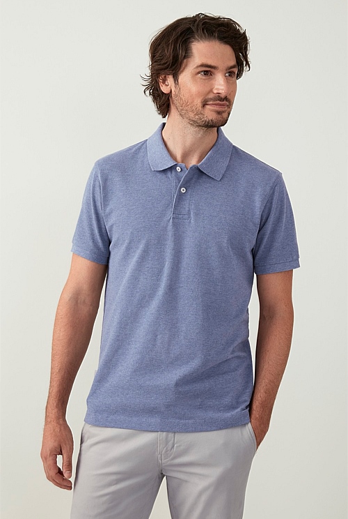 Blue Melange Cotton Pique Marle Polo - MEN T-Shirts | Trenery