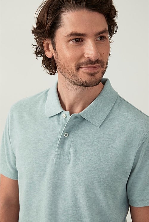 Light Green Melange Cotton Pique Marle Polo - MEN T-Shirts | Trenery