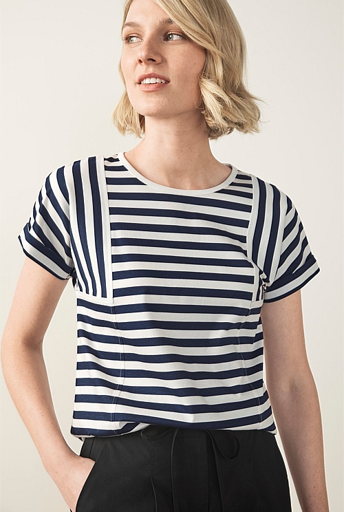 Night Sky Cotton Interlock Stripe T-Shirt - WOMEN T-Shirts & Tops | Trenery