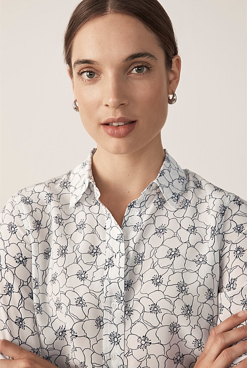 Night Sky Silk Stencil Floral Shirt - WOMEN Shirts | Trenery