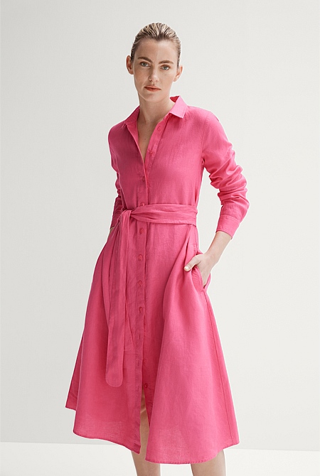 Fuchsia Linen Tie Detail Shirt Dress - WOMEN Dresses | Trenery