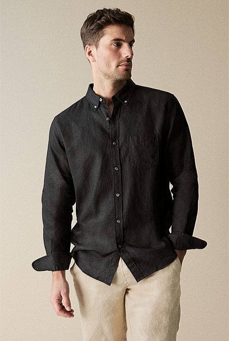 Regular Fit Linen Piece Dyed Long Sleeve Shirt