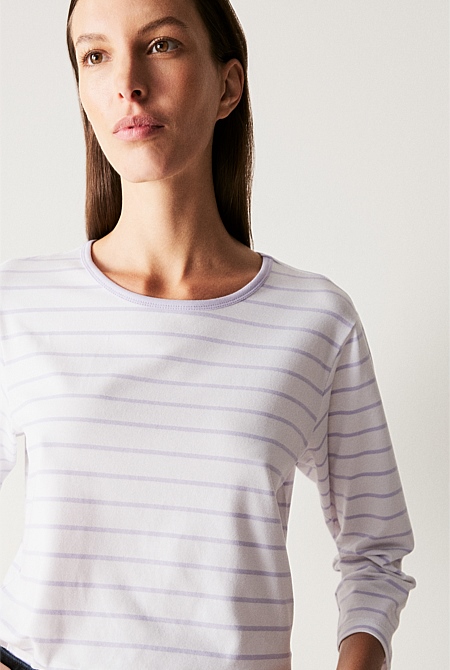 Organically Grown Cotton Jersey Stripe 3/4 Sleeve T-Shirt