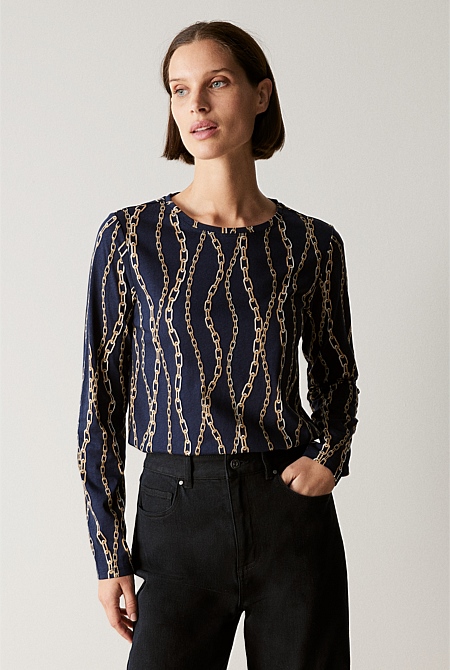Pima Cotton Chain Print Relaxed Long Sleeved T-shirt