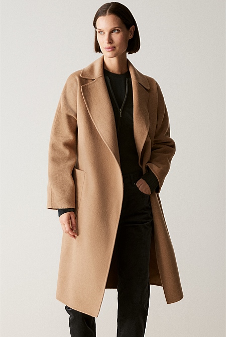 Camel Double Faced Wool Belted Wrap Coat - WOMEN Outerwear | Trenery