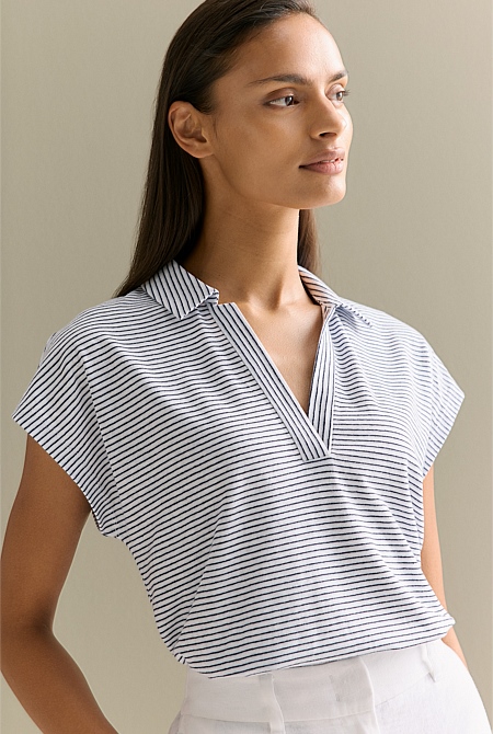 Linen Cotton Stripe Relaxed Cap Sleeve Polo