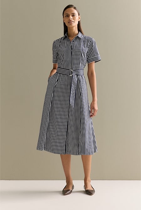 Cotton Poplin Stripe Print Shirt Dress