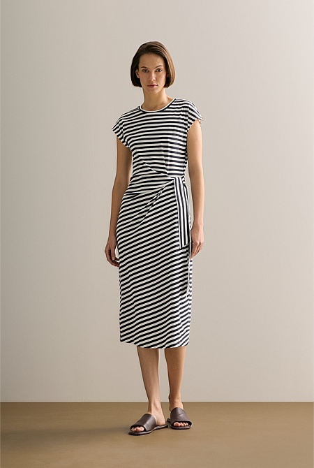 Cotton Stripe Gathered Tie Waist Dress