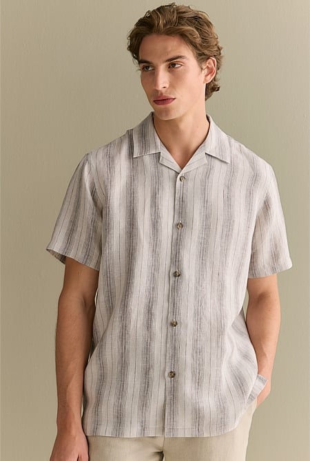 Regular Fit Linen Tonal Stripe Short Sleeve Shirt