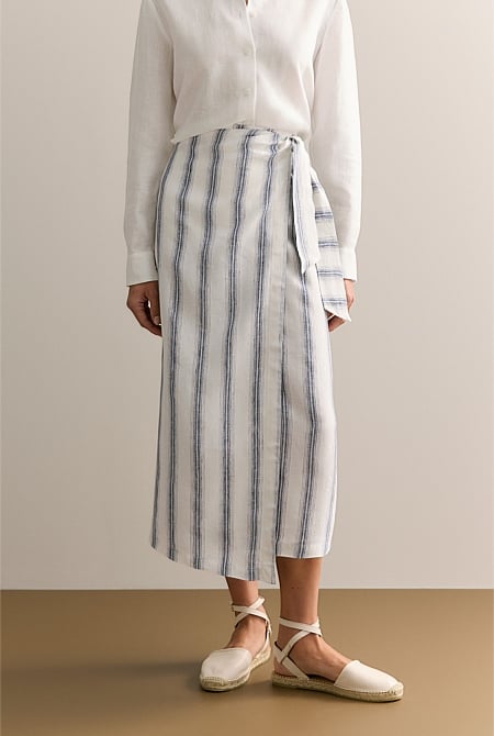 Linen Shadow Stripe Wrap Detail Skirt