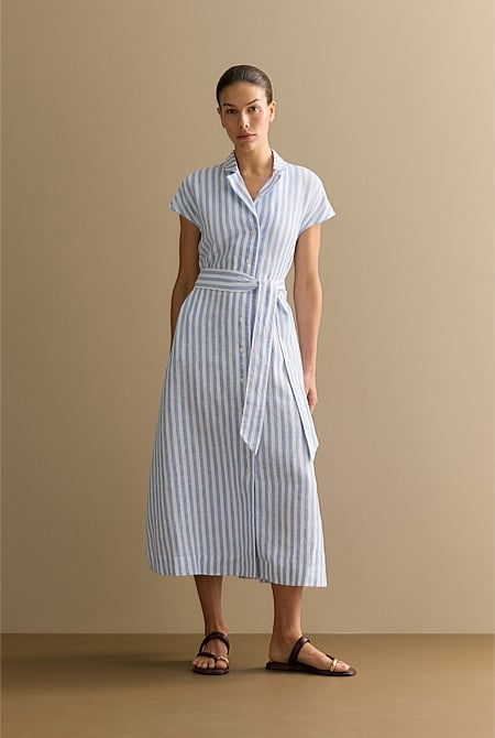 Linen Bengal Stripe Cap Sleeve Shirt Dress