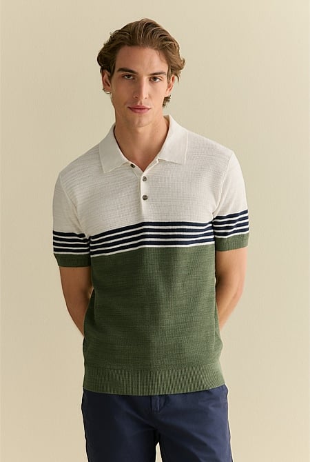 Cotton Linen Textured Colourblock Stripe Polo