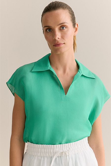 Linen Silk Crosshatch Collared Top