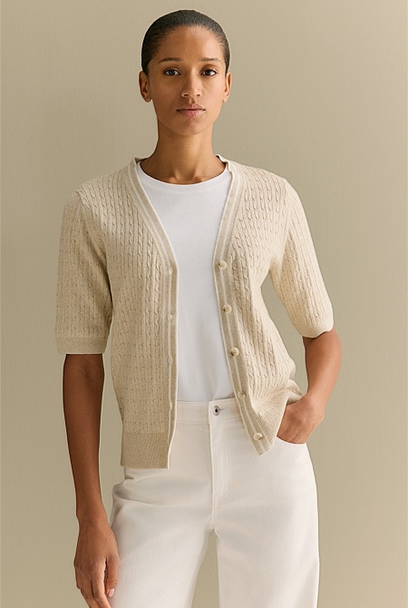 Cotton Cashmere Cable Half Sleeve Cardigan