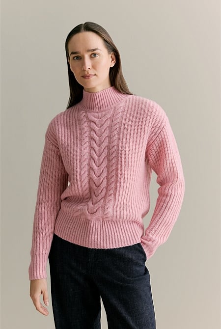 Merino Cable Mock Neck