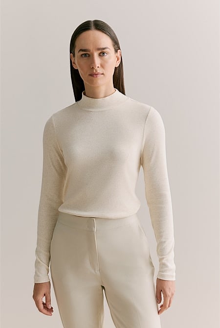 Cotton Modal Rib Mock Neck T-shirt