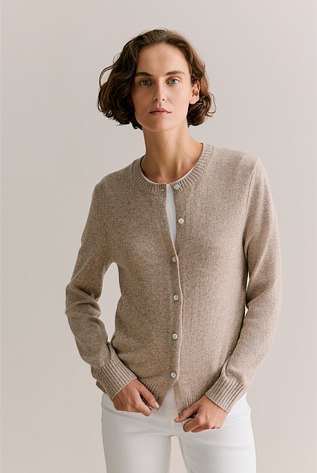Wool Cashmere Speckled Crew Cardigan
