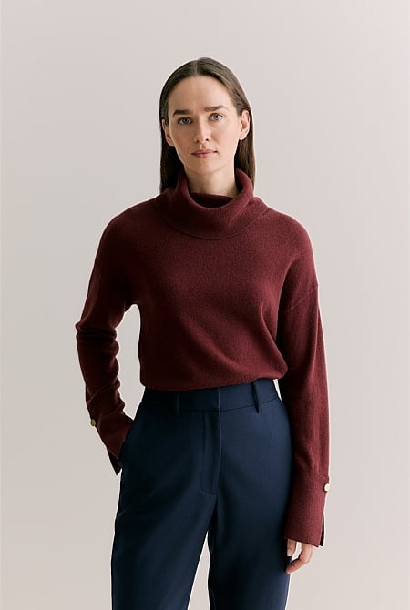 Wool Blend Button Detail Relaxed Rollneck