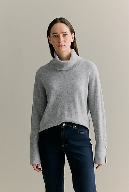 Wool Blend Button Detail Relaxed Rollneck