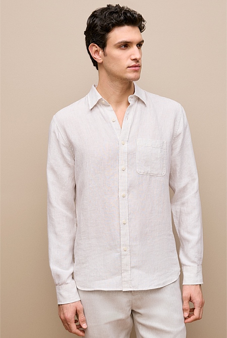 Regular Fit Fine Stripe Linen Long Sleeve Shirt